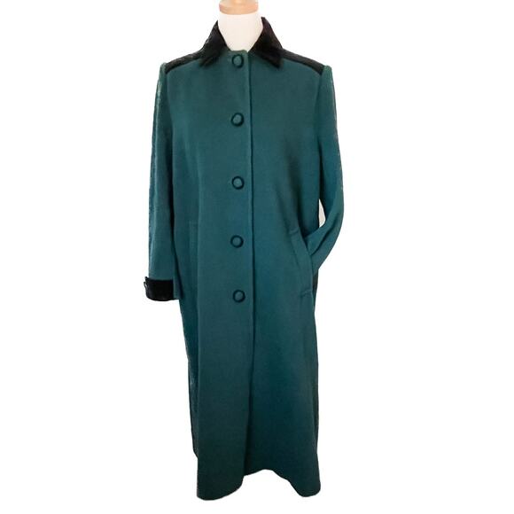 Vintage 70s/80s green wool blend velvet trim retro classic overcoat size L/XL